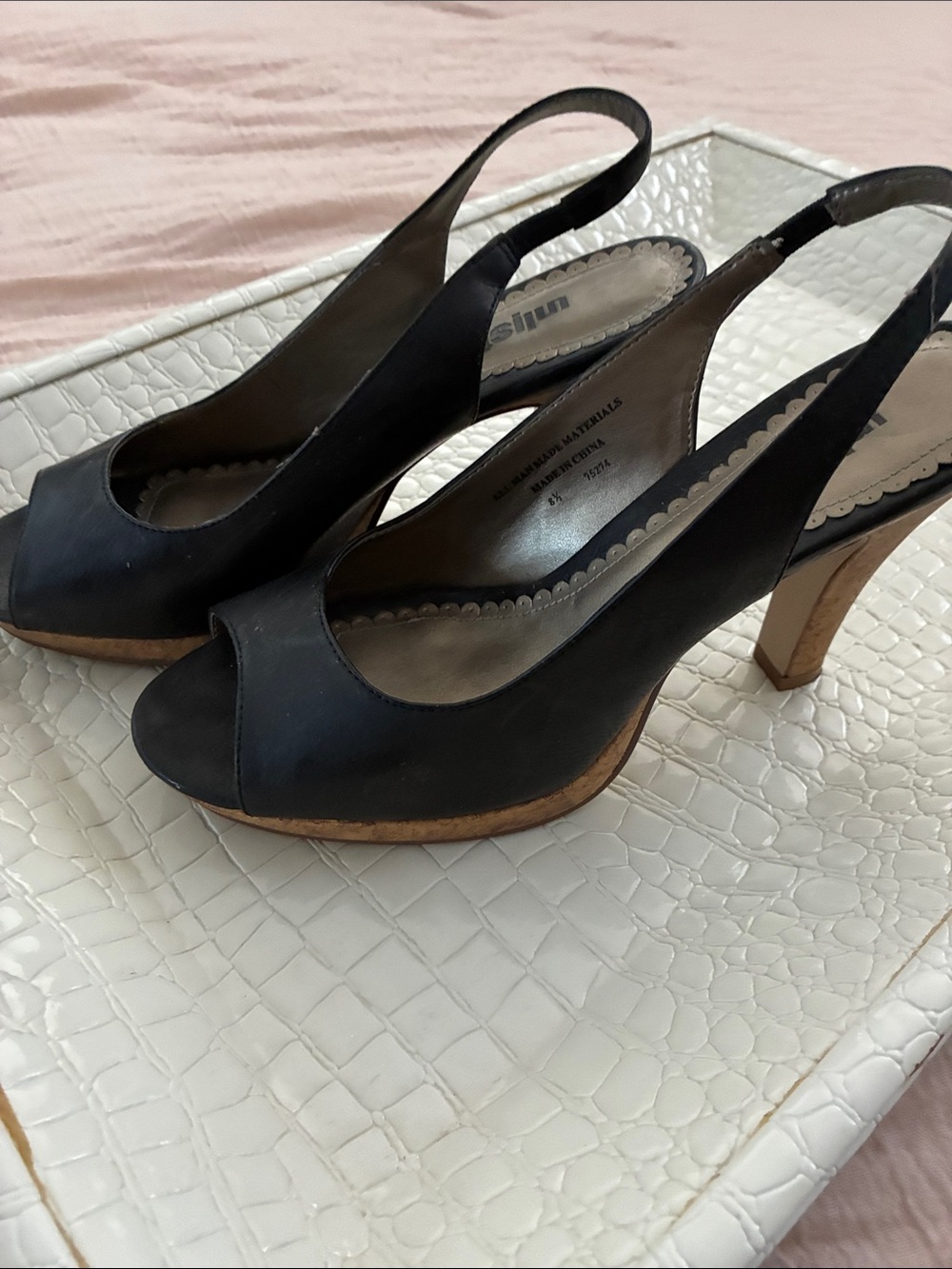 Unlisted Black Peep-Toe Slingback Heels with Wood-Tone Heel